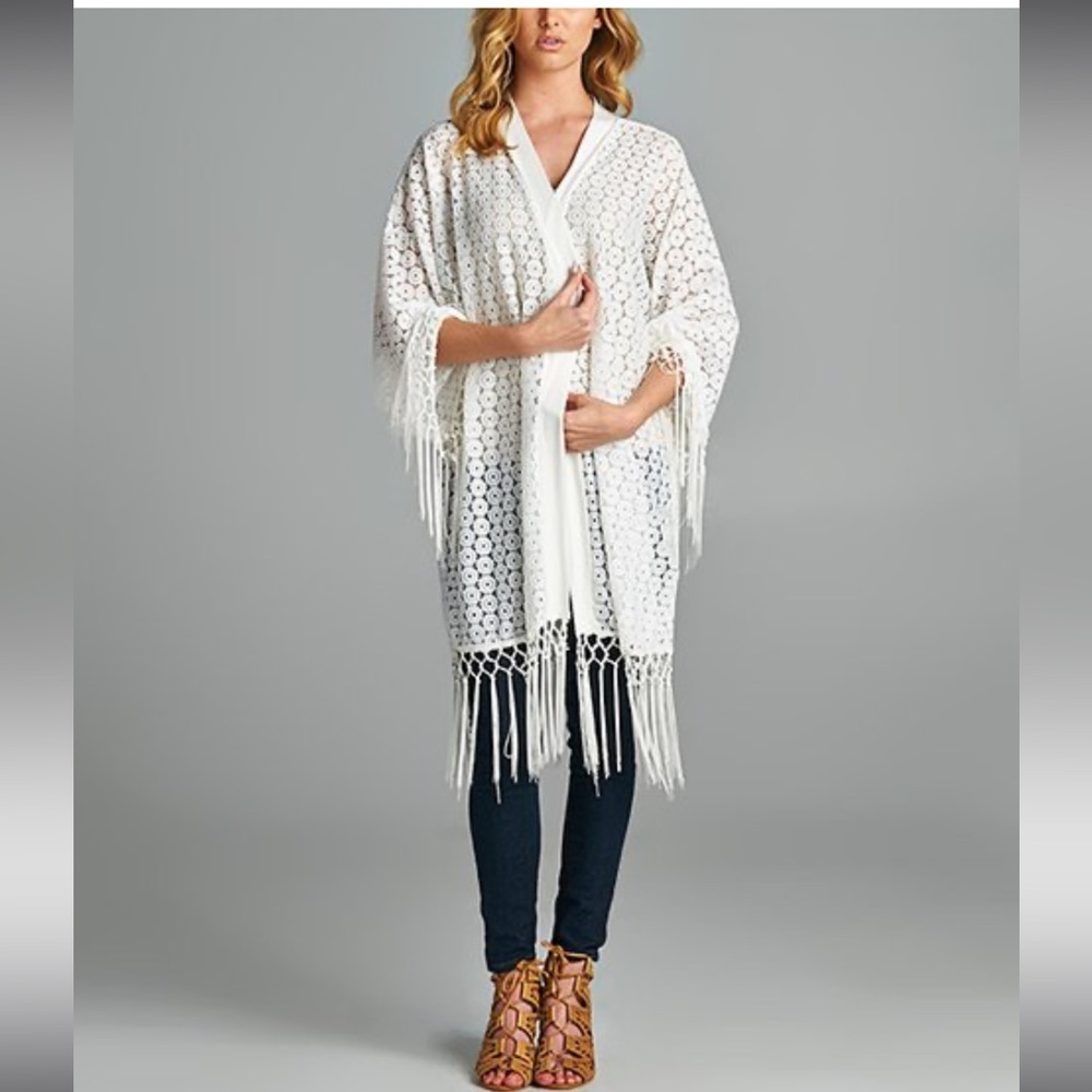 The Collective White Crochet Kimono  Coverup With Fringe Details Women Size M/L